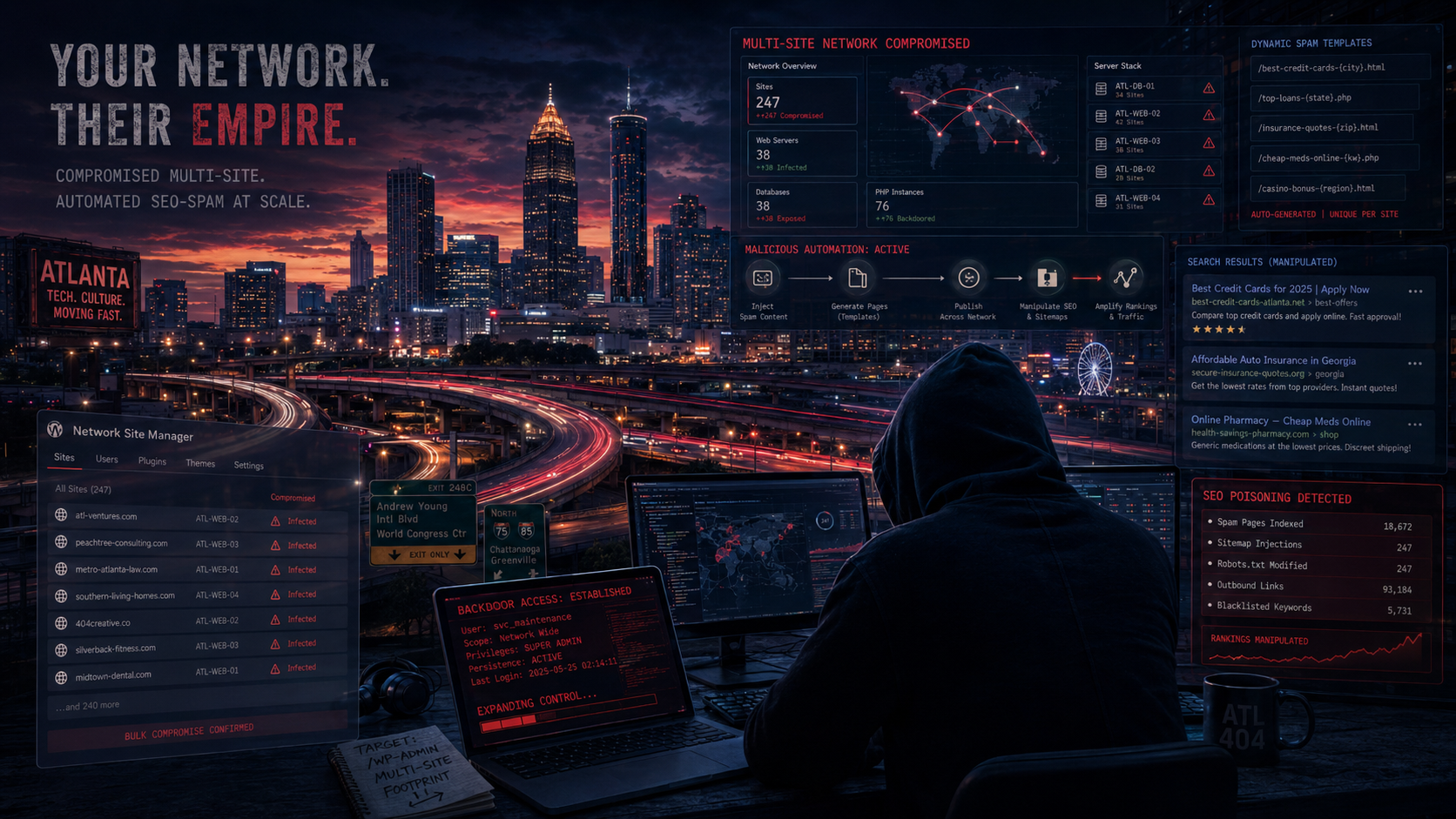 Hacked WordPress network in Atlanta - multi-site compromise and automated SEO spam