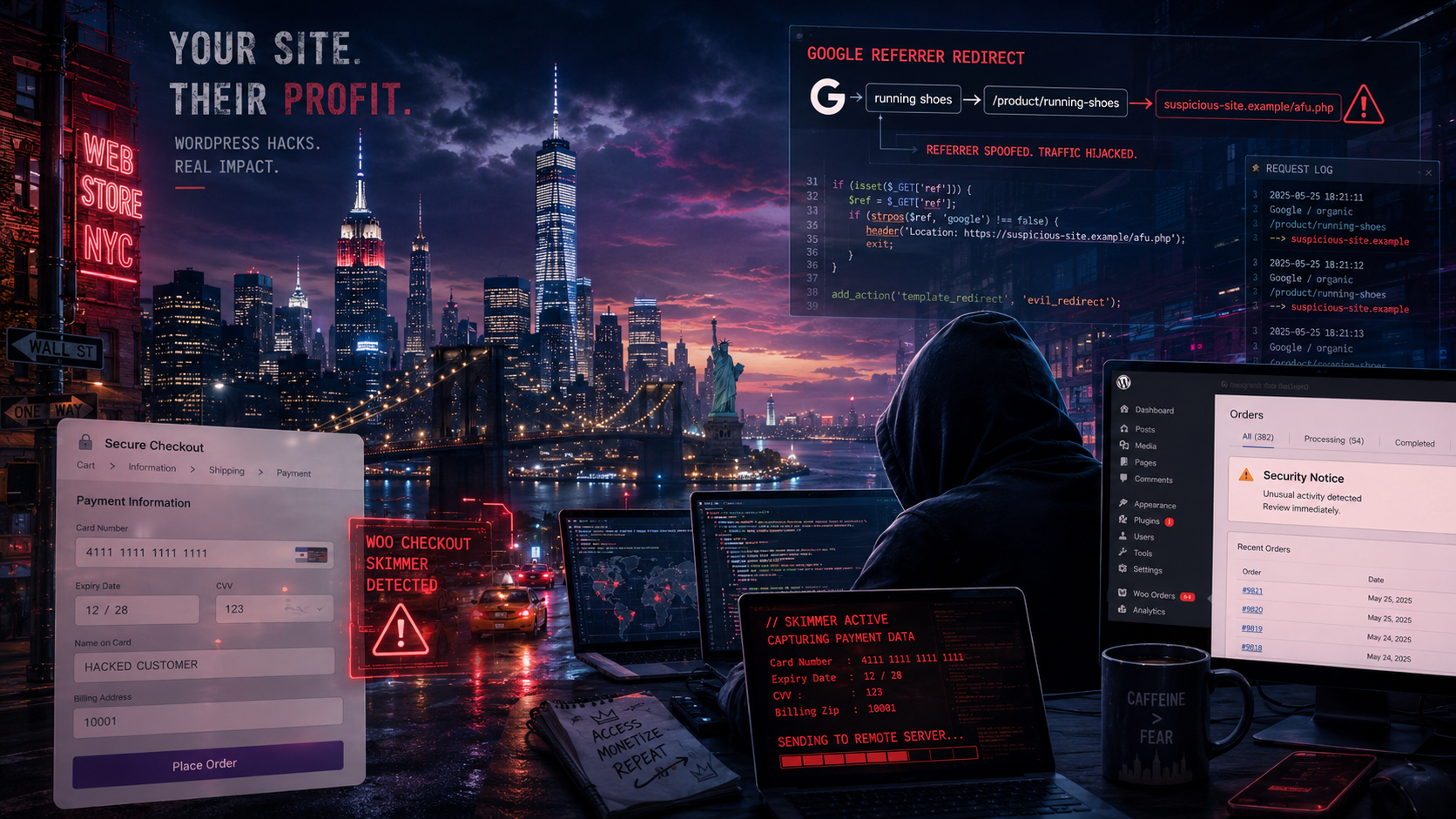 WordPress site hacked in New York City - WooCommerce checkout skimmer and Google-referrer redirect malware