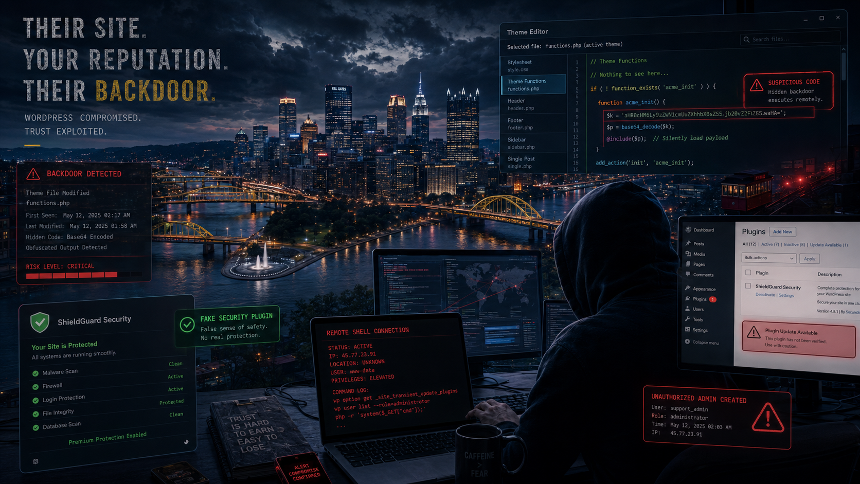 Hacked WordPress site in Pittsburgh - theme-file backdoor and fake security plugin